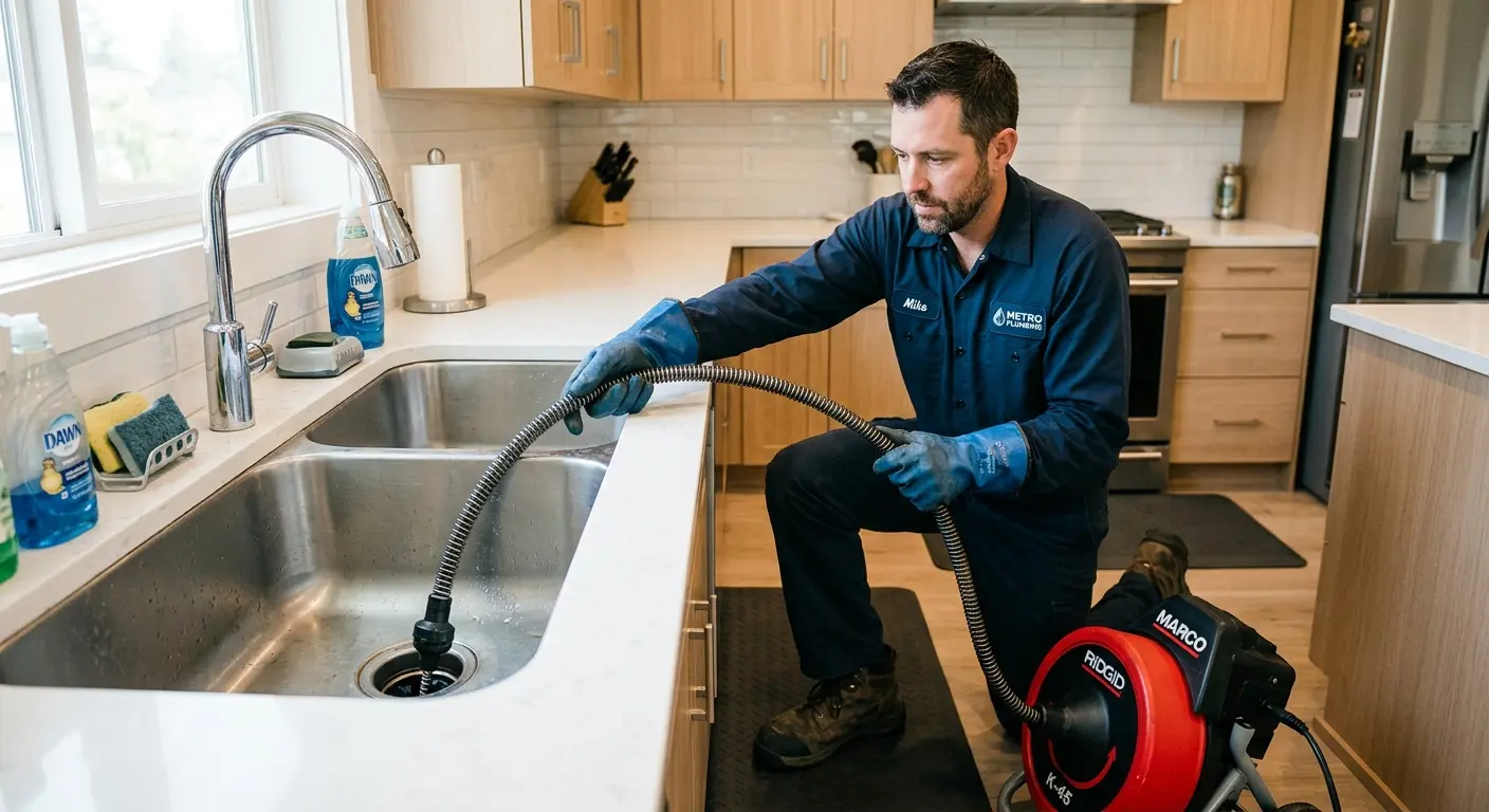 Drain cleaning technician using a motorized snake on a kitchen sink in Mitchellville