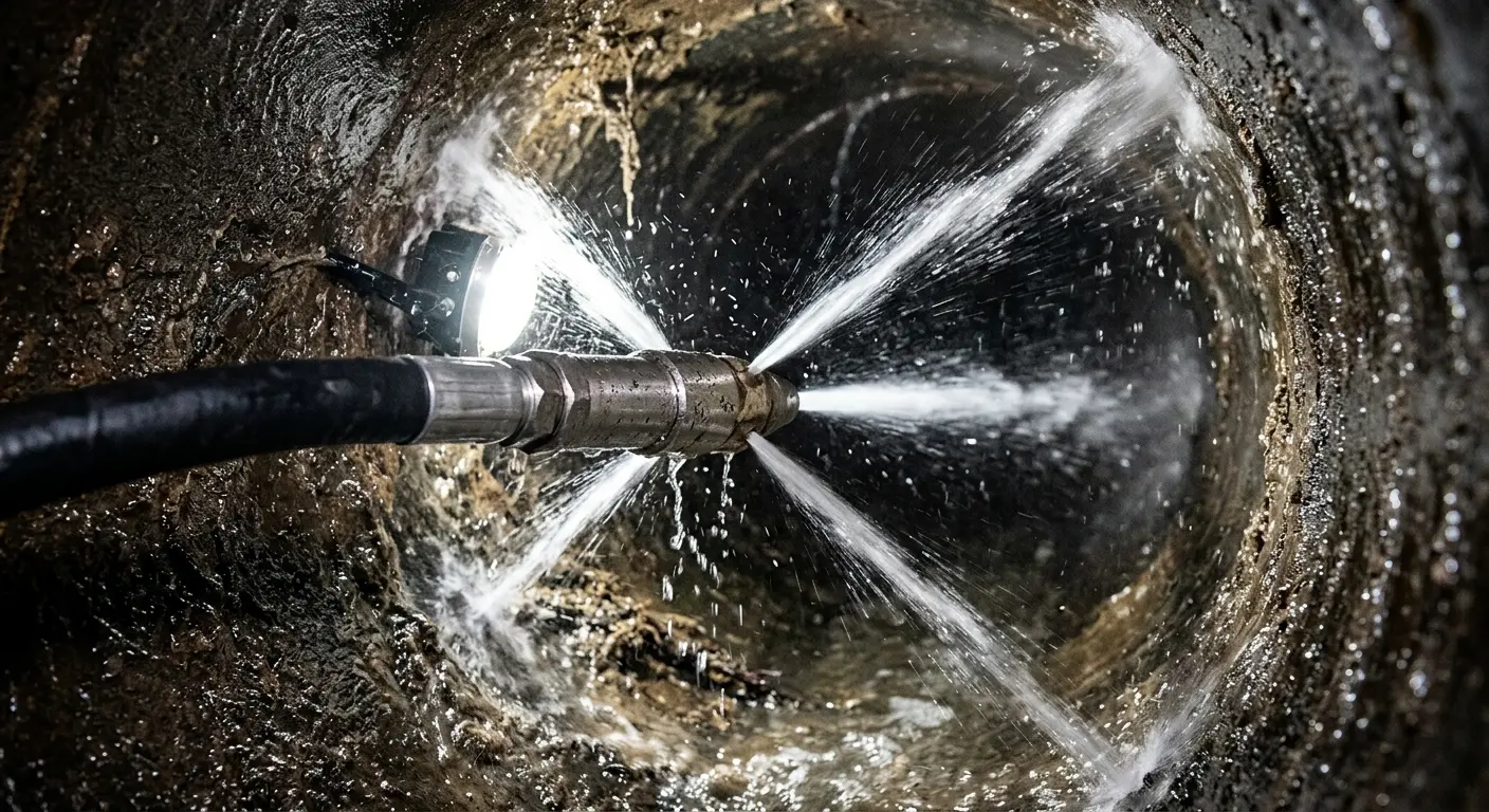 High-pressure hydro jetting nozzle cleaning sewer pipe for Sewer Cleanout in Mitchellville