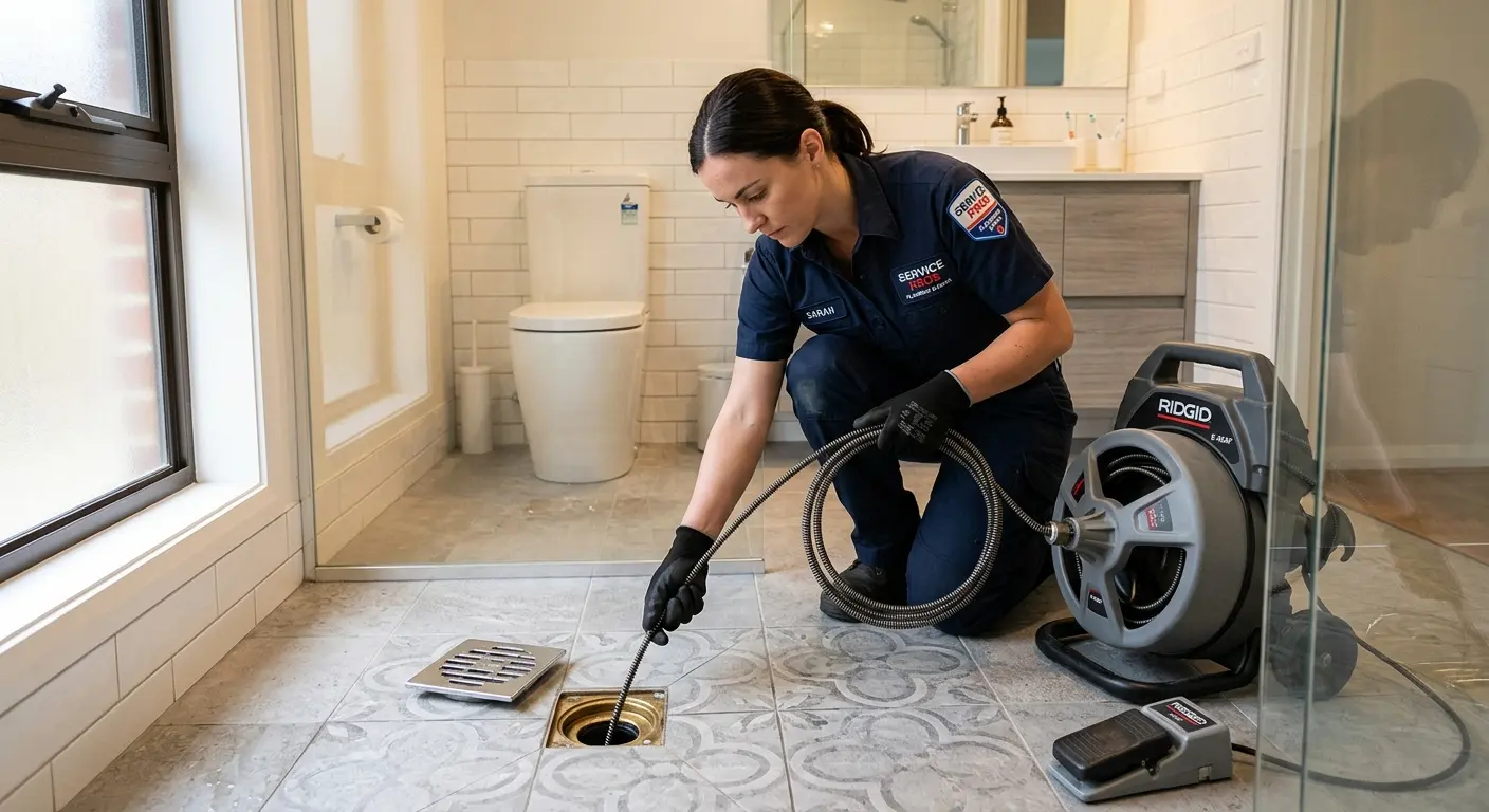 Technician clearing a bathroom floor drain for Sewer Line Installation in Mitchellville